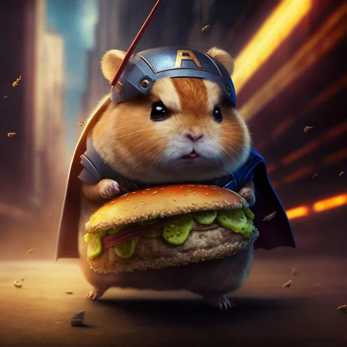 a hamster dressed as a knight holding a hamburger