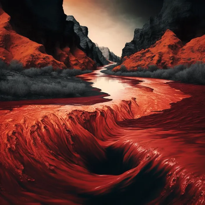 a painting of a river flowing through a red desert