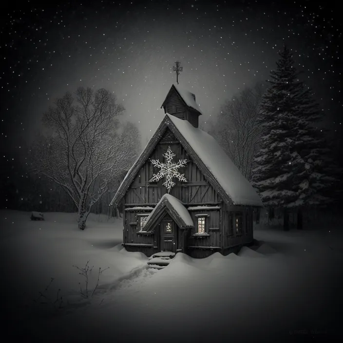 a black and white photo of a house in the snow