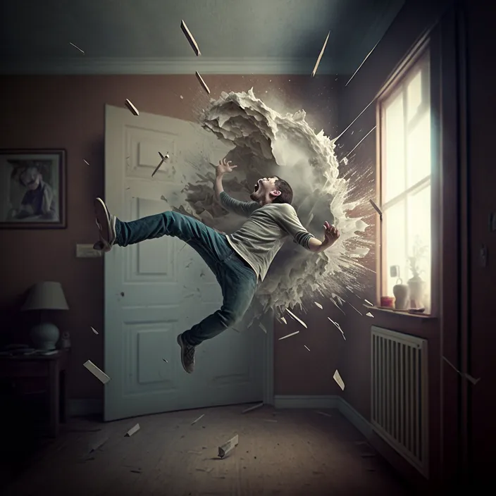 a man is jumping in the air in a room