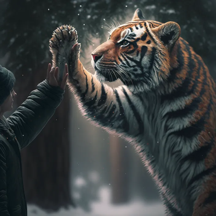 a man is touching a tiger in the snow