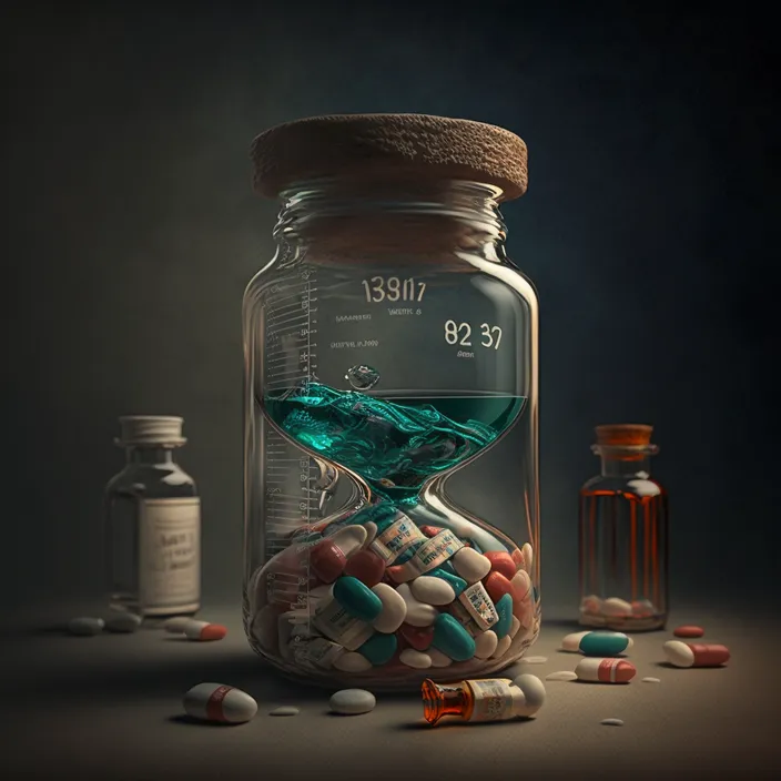 a jar filled with lots of pills next to bottles