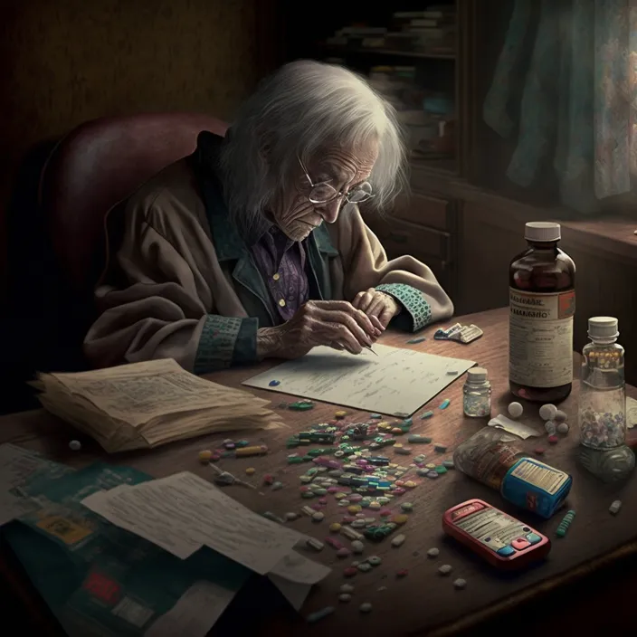 an old woman sitting at a table with pills and pills