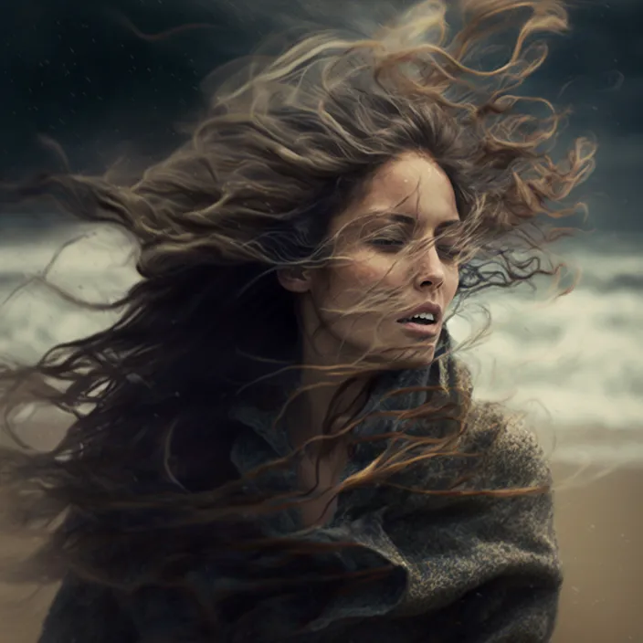 a woman with her hair blowing in the wind