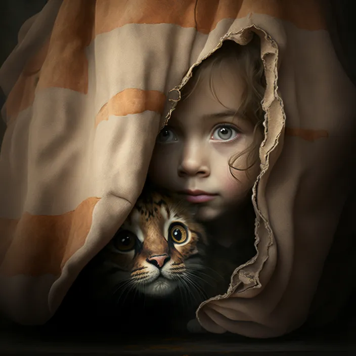 a painting of a girl and a cat under a blanket