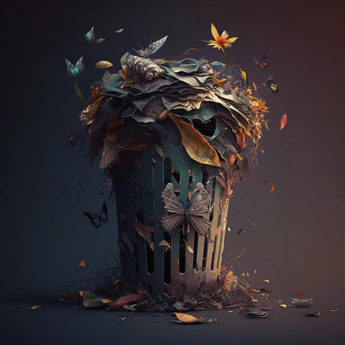 a trash can filled with leaves and butterflies