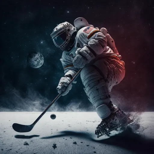 an astronaut is playing hockey on the moon