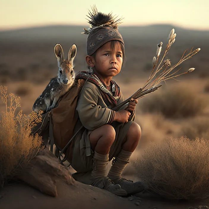 a young boy sitting on top of a rock next to a kangaroo