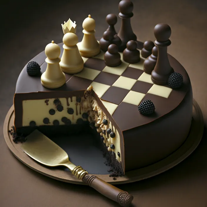 a chocolate cake with chess pieces on top of it