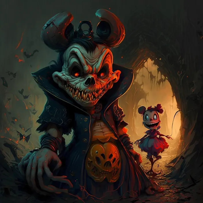 a mickey mouse and mickey mouse in a dark tunnel