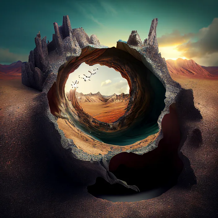 a hole in the ground with a bird flying over it