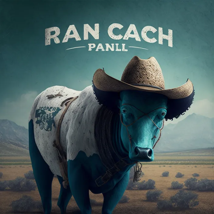 a blue cow wearing a cowboy hat in the middle of a desert