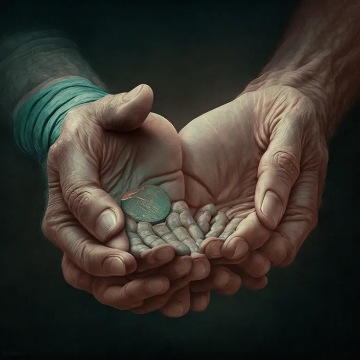 a painting of two hands holding a coin