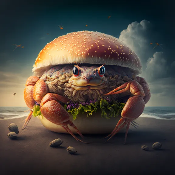 a crab in a burger on the beach