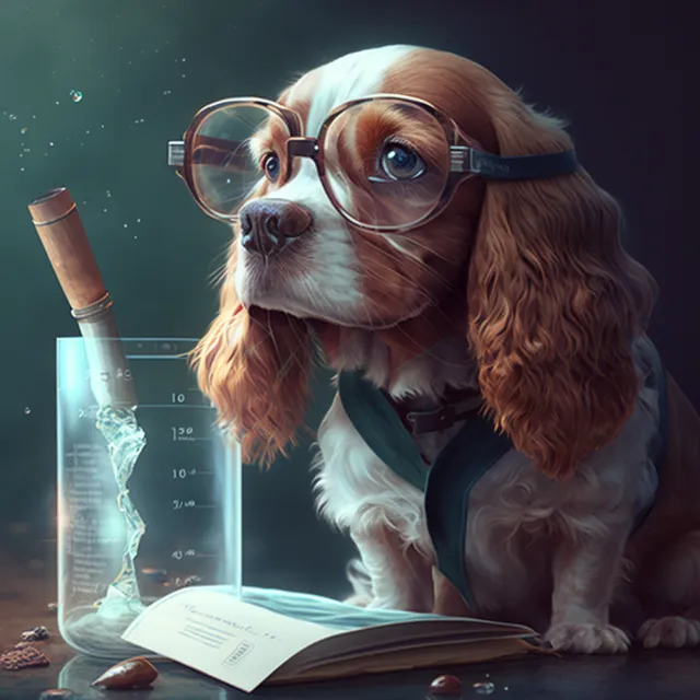 a dog wearing glasses sitting next to a book