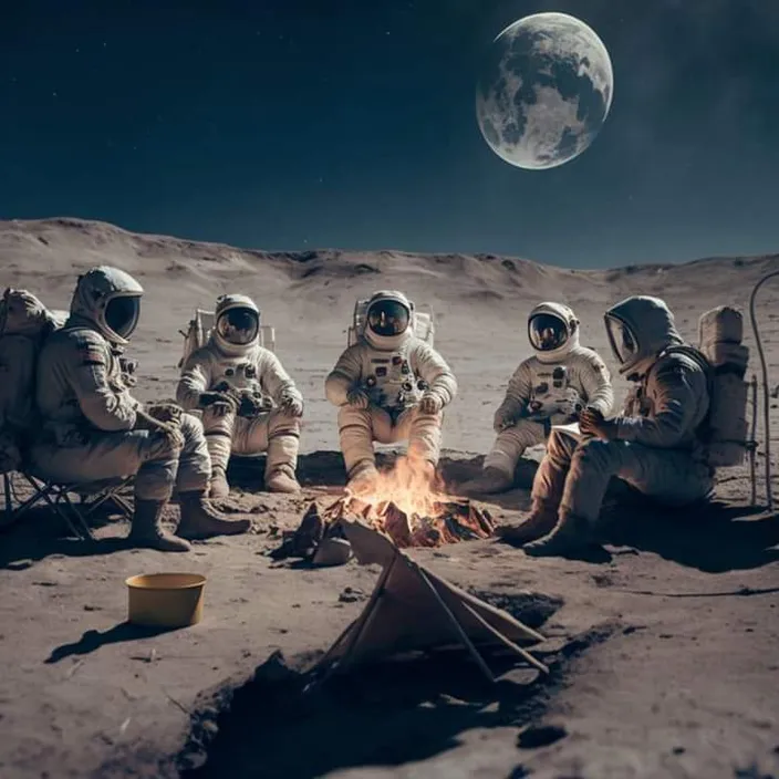 a group of astronauts sitting around a campfire