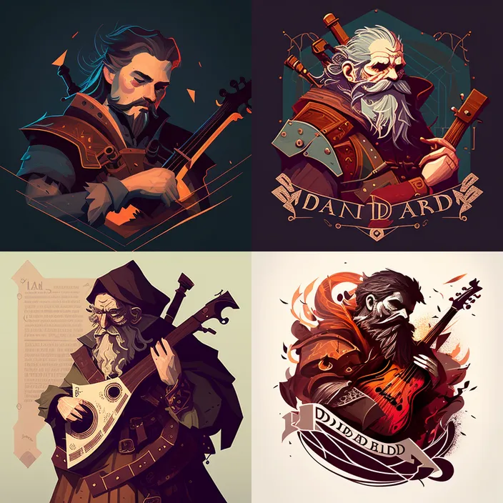 a series of four illustrations of a man with a beard, holding a guitar and