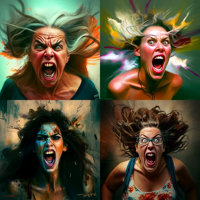 a series of four portraits of a woman with her hair blowing in the wind