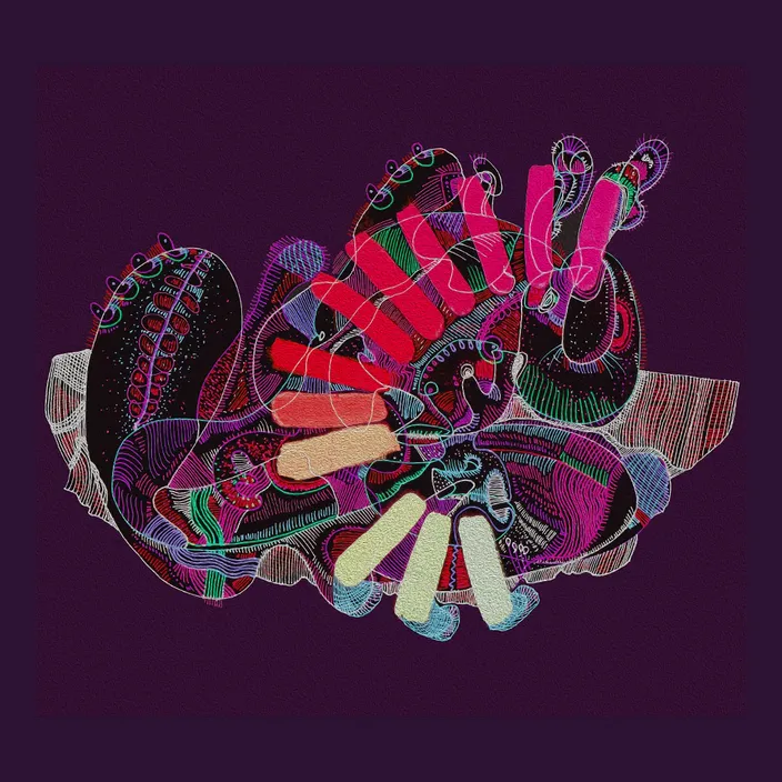 a drawing of a pair of shoes on a purple background