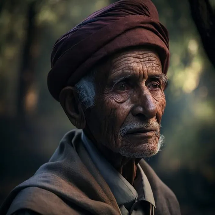 an old man with a red turban on his head