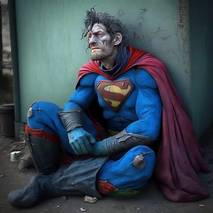 a statue of a man dressed as superman sitting on the ground