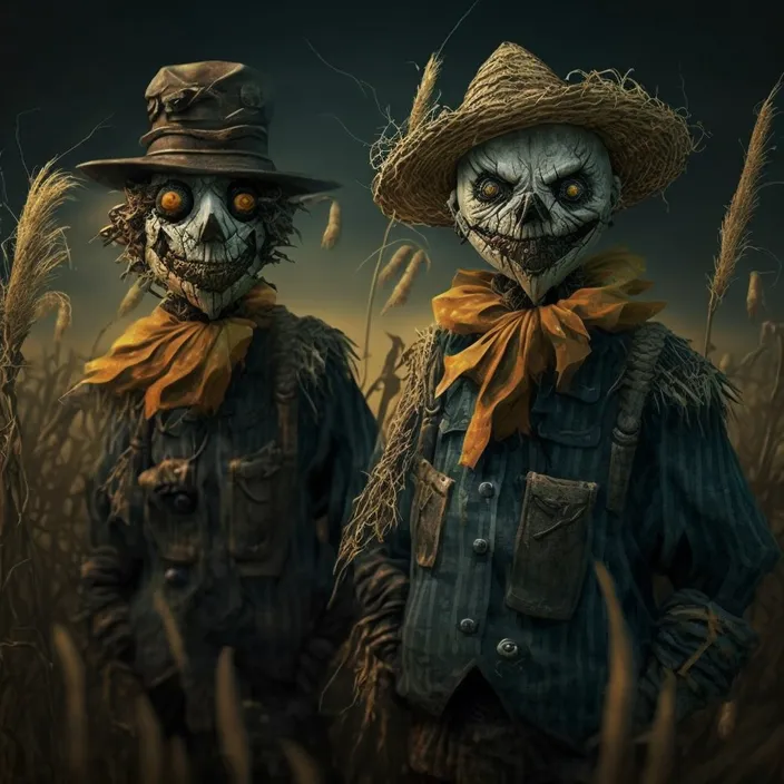 two scarecrows wearing scarecrow hats in a field