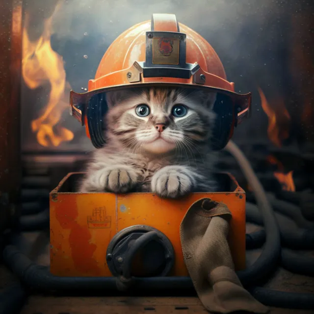 a cat wearing a fireman's helmet sitting on top of a box