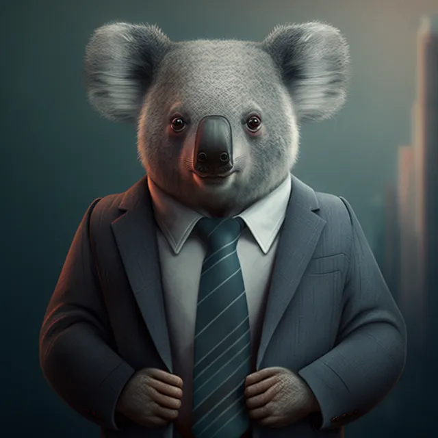 a koala wearing a suit and tie standing in front of a city