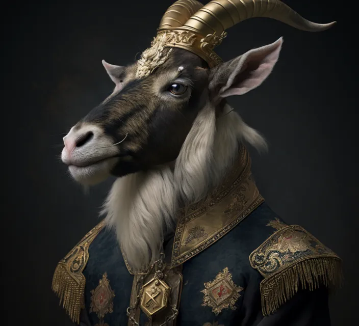 a goat wearing a gold and black costume