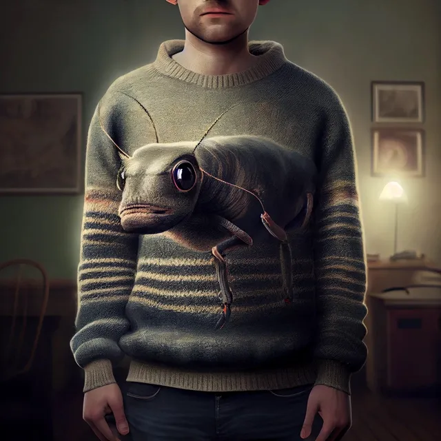 a man in a sweater with a weird creature on his sweater