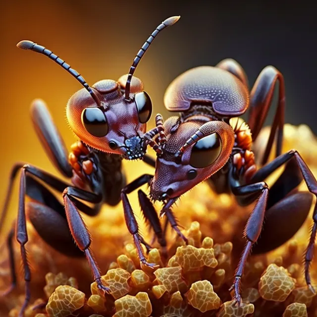 a close up of two bugs on a flower