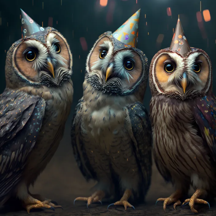 three owls with party hats on their heads