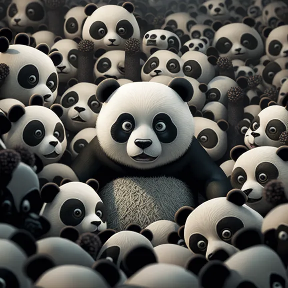 a large group of pandas are standing together