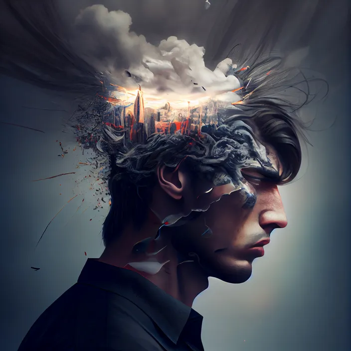 a man's head with a city in the background