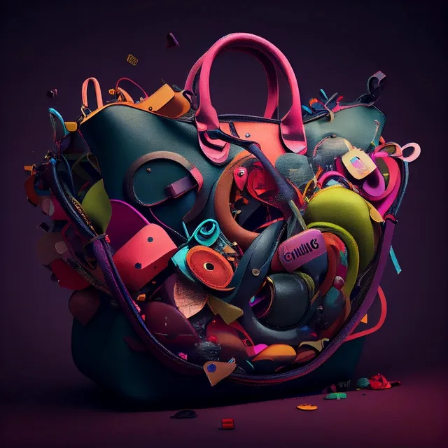 a colorful handbag with lots of items inside of it