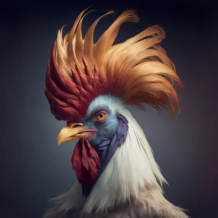 a close up of a rooster's head with feathers