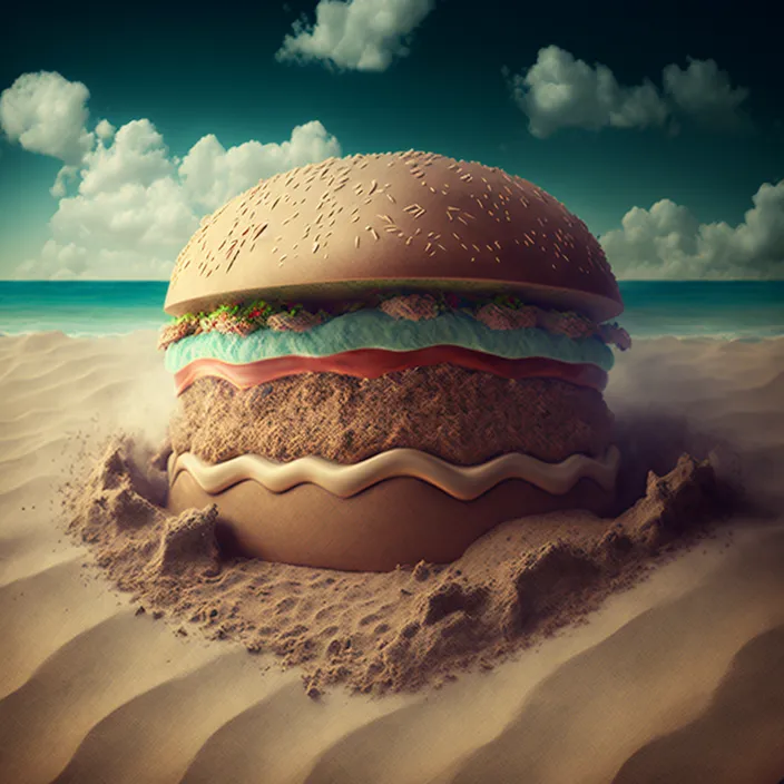 a large hamburger sitting on top of a sandy beach