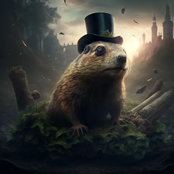 a rodent wearing a top hat and standing in a forest