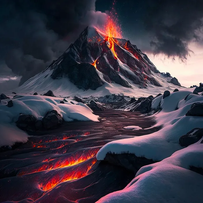 a mountain covered in snow and lava under a cloudy sky