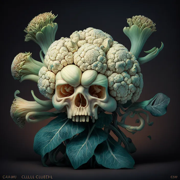 a skull with a head of cauliflower on top of it