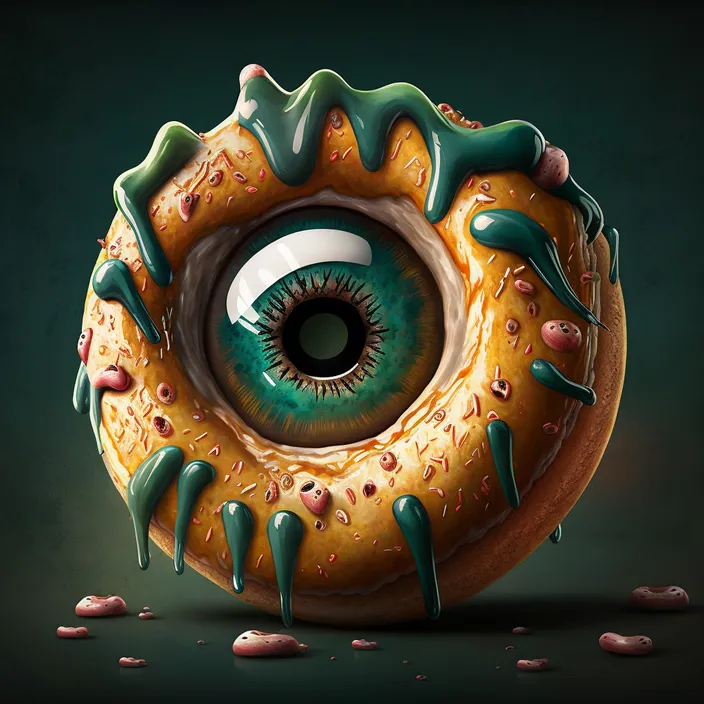 a donut with a green eye and sprinkles on it