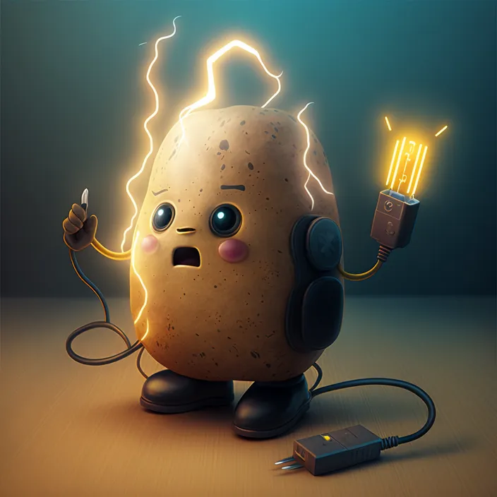 a potato with a light bulb in its hand