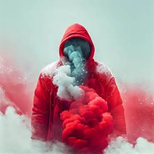 a person in a red jacket with smoke coming out of his mouth