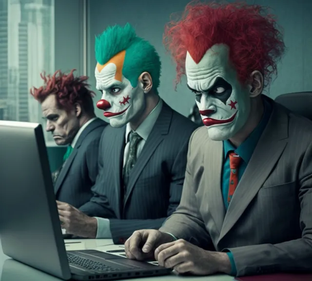 a group of clowns sitting at a table with a laptop