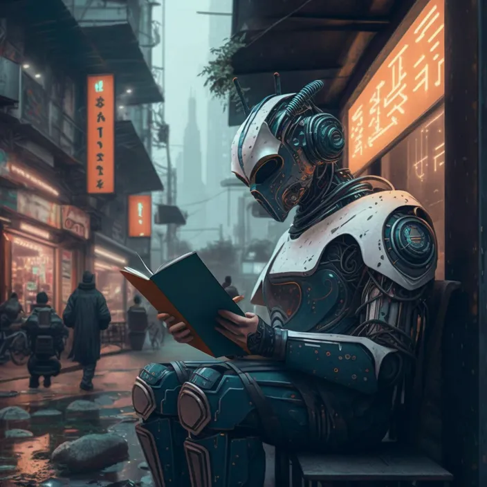 a robot sitting on a bench reading a book