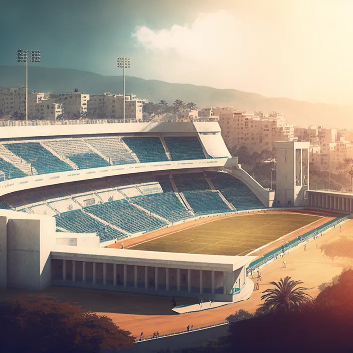 an aerial view of a soccer stadium with a view of the city