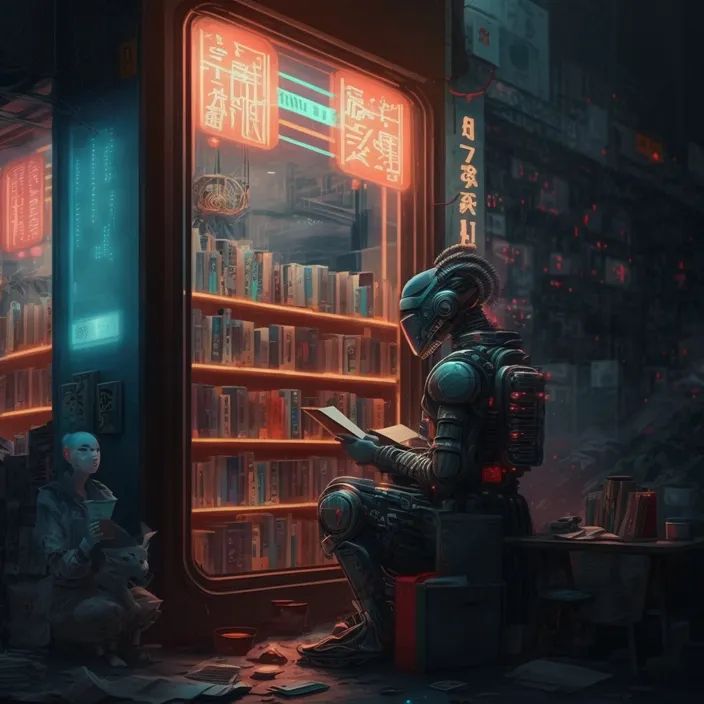 a man sitting in front of a bookshelf filled with books