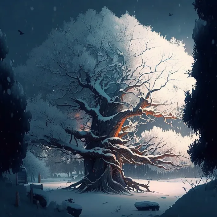 a painting of a tree in the snow