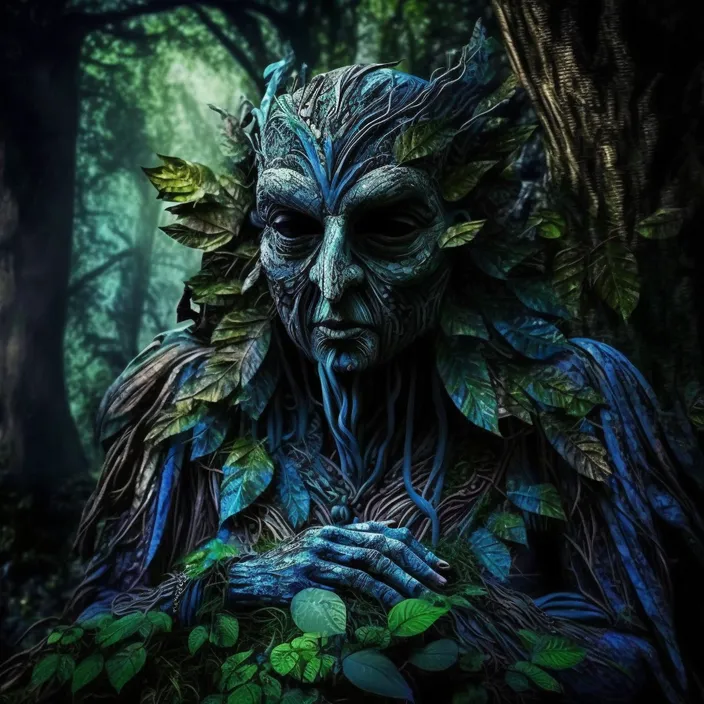 a man with green hair and blue eyes in the woods