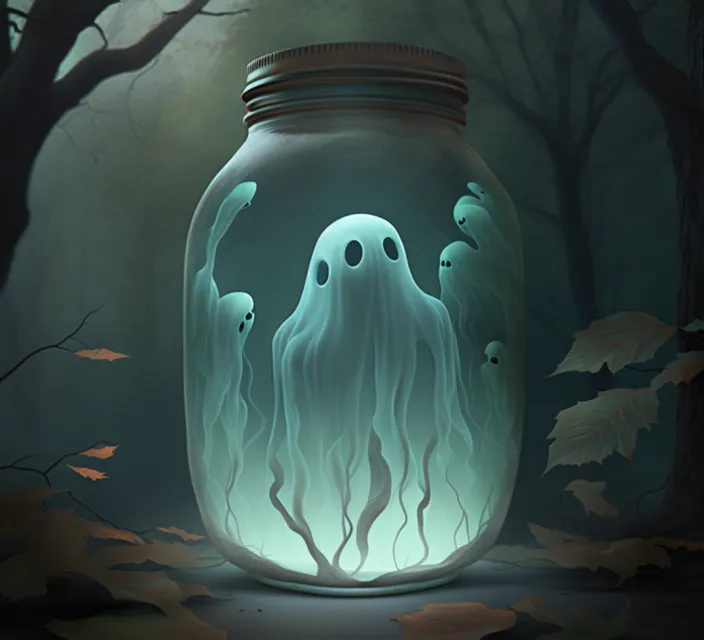 a jar with a ghost inside of it